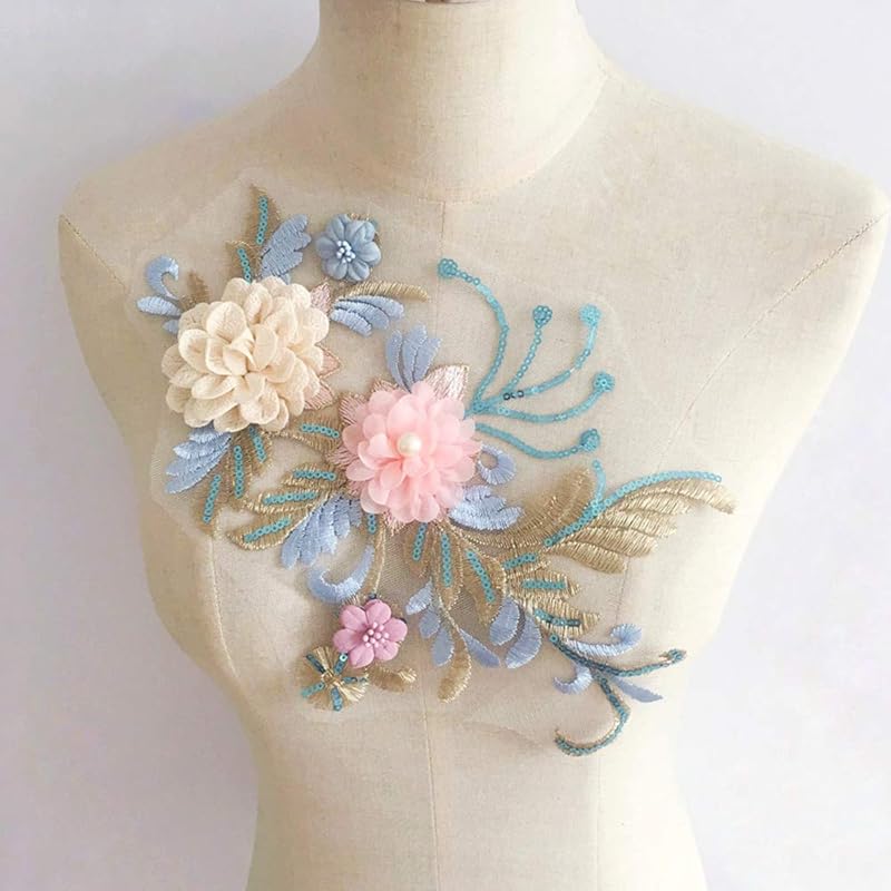Colorful 3D Flower Embroidery Patches Beaded Sequins Flower LACE Patch Sewing Bridal Veil Wedding Dress DIY Wedding Dress Floral Costume Patch Decor