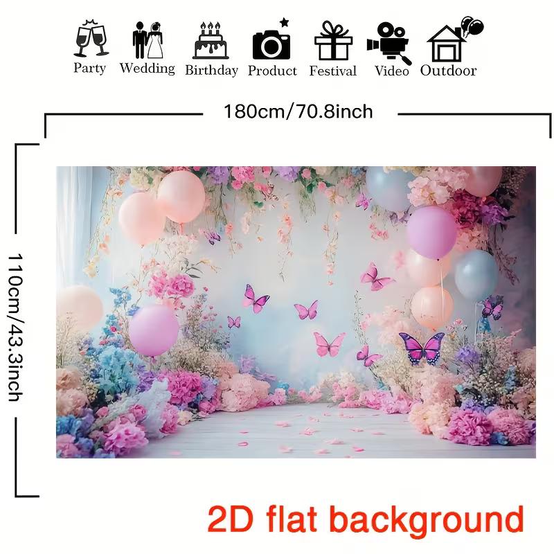 2D Dreamy Pastel Flower & Balloon Backdrop Cloth for Birthday Party Photo Booth Background