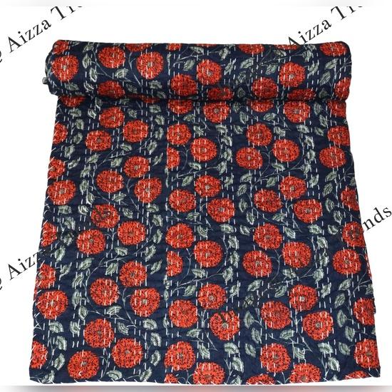Aizza Trends Cuvertură Kantha din Bumbac Pur Imprimat Lucrată Manual - Aspect Tradițional Cuvertură de Pat Kantha Gudri - Gudri Vintage Cusute Manual