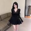 Elegant Women's V-Neck Lace Dress – Slim-Fit with Cinched Waist, Flared Sleeves, and A-Line Short Skirt for Early Spring.