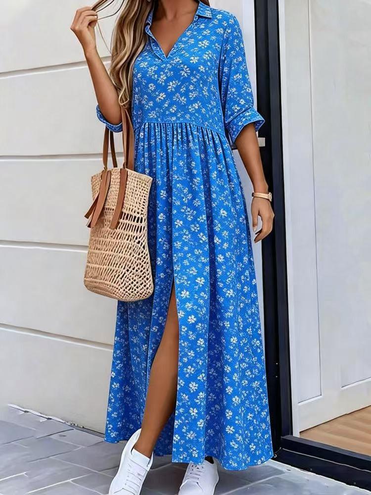 Spring Women's Casual Loose Printed Beach Dress with Lapel and Mid-Sleeve Pockets