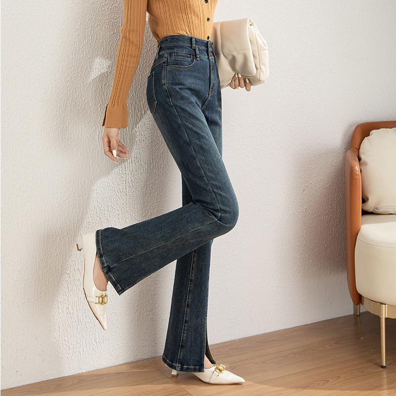 Clearance 2025 Autumn Patchwork High-Waist Slim Fit Denim Flare Pants - Women s Casual Elastic Long Pants 8049 Size 29 синий
