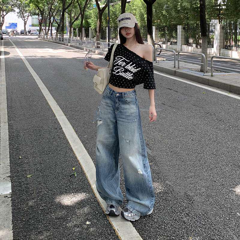 Blue Kenting American Retro Wide-Leg Ripped Jeans for Women XS