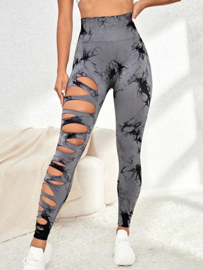 JYL Tie Dye Quick Dry Yoga Pants Hip Lifting Tight Running Fitness Pants L режим бежевого