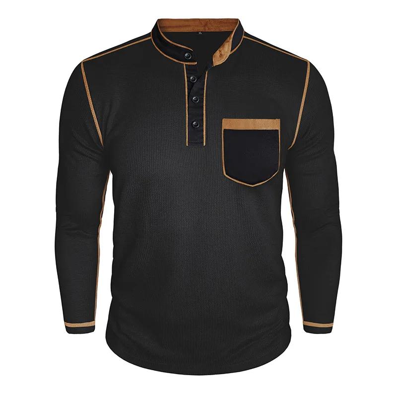 Men's Long Sleeve Stand Collar Henry Tshirt Casual Cotton Patchwork T-Shirt Autumn Winter Base Layer Shirt American Retro Tees