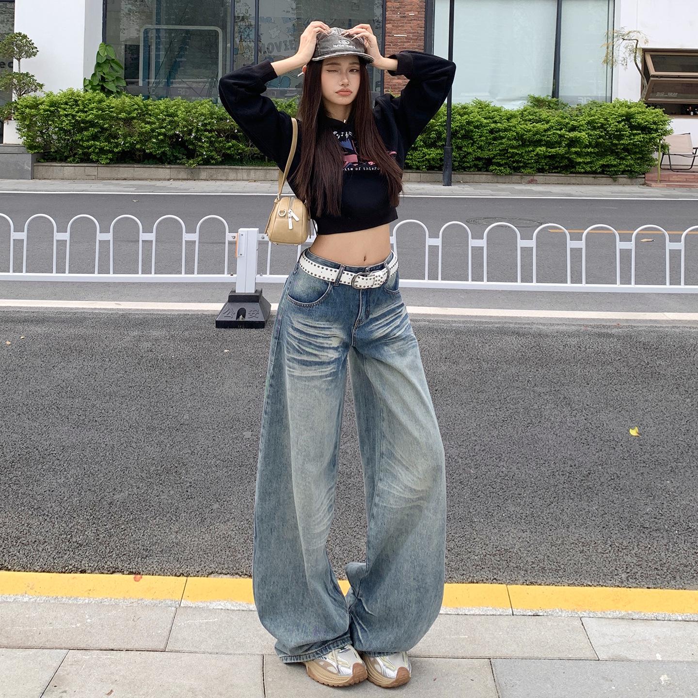 2025 Autumn Women s Loose Wide-Leg Stacked Hem Trendy Banana Jeans L