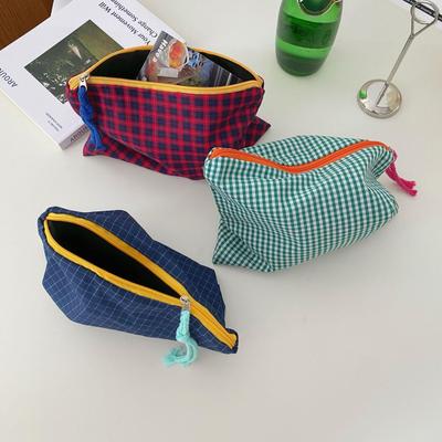 Contrast Color Plaid Cosmetic Bag - Large Capacity, Portable Makeup & Skincare Organizer for Women