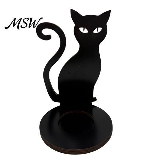 Black Cat Candle Stand Halloween Wooden Holder, Hollow Crow Spider Tealight Display Bat Shape Holder Stand, Gothic Silhouette Tabletop Decor for Home