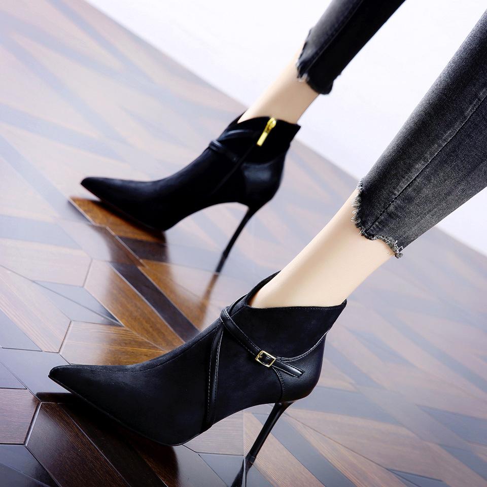 

High heeled women s 2026 spring and autumn warm and fashionable pointed and ankle boots with belt buckle and slim heels 39 чорний