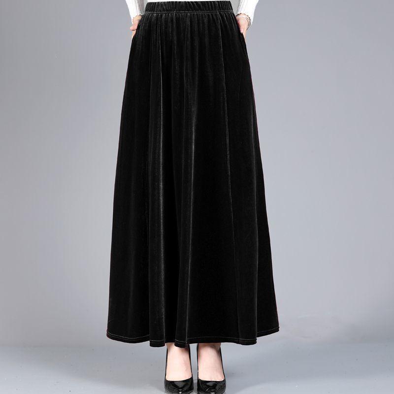 Golden Velvet Elastic Skirt A-shaped Skirt, Women's Large-size High-end Dance Skirt, High Waist and Thin Versatile Long Skirt