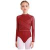 Dívčí průhledný síťovaný trikot s dlouhým rukávem, kamínky, gymnastický, s vykrojením vpředu a vzadu, body