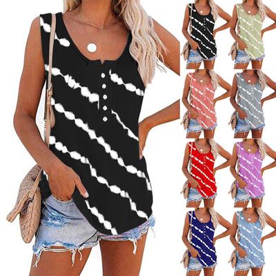 Women Sleeveless Button Front Tank Top Casual Round Neck Striped Printed Summer Blouse Lightweight Loose Fit Shirt
