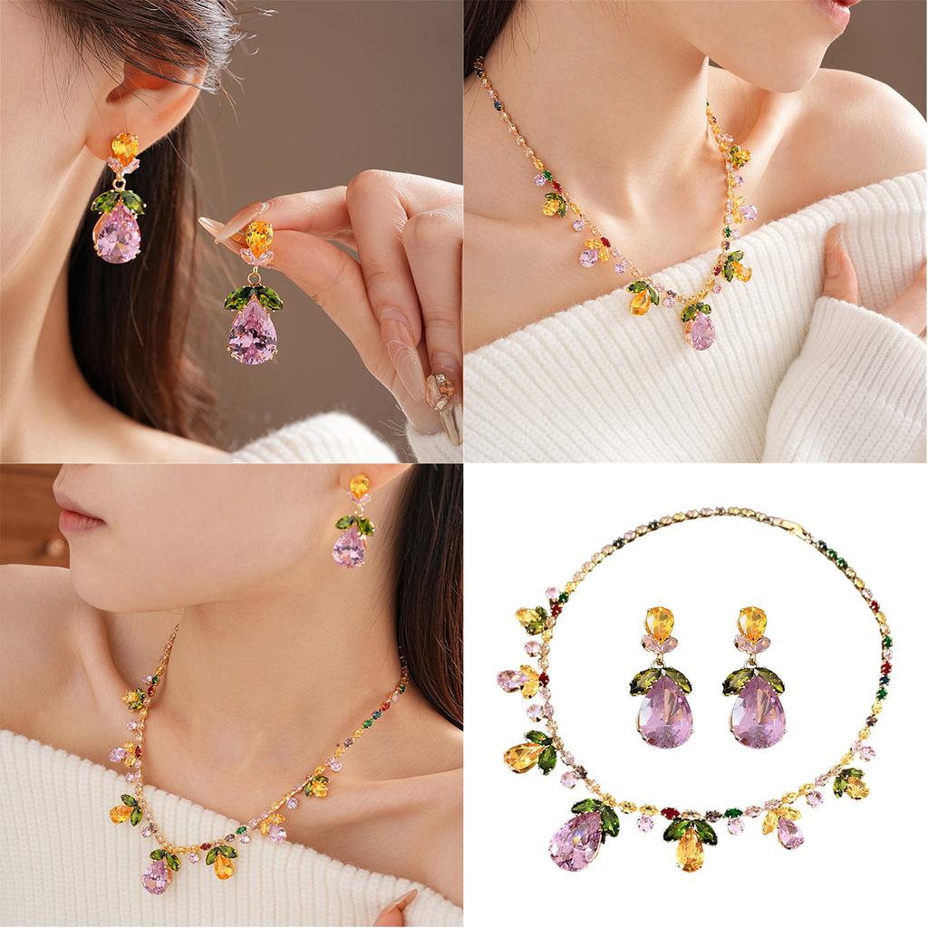 Teardrop Leaf Necklace and Earrings Exquisite Zirconia Waterdrop Leaf Jewelry Set Necklace Earrings For Women