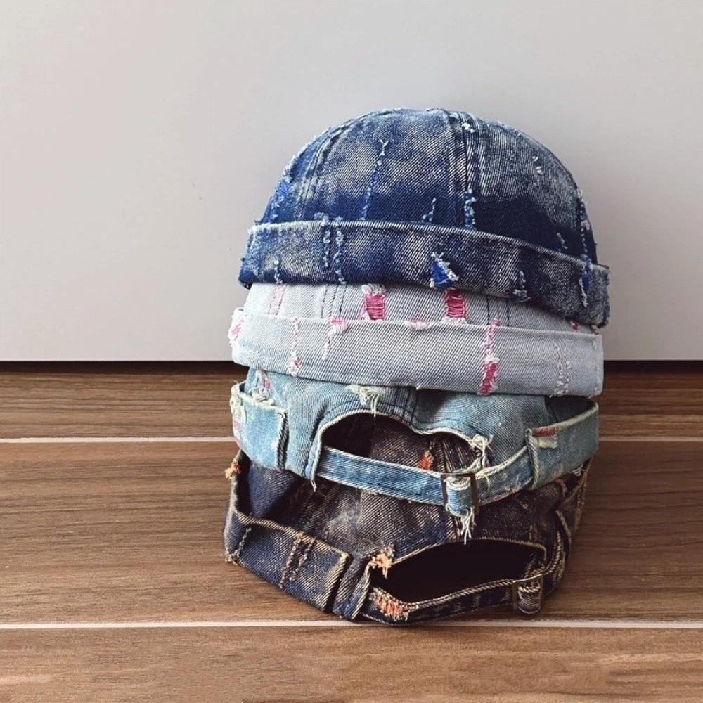Frayed Edges Denim Docker Cap Cotton Polyester Blend Distressed Denim Hat Men Women