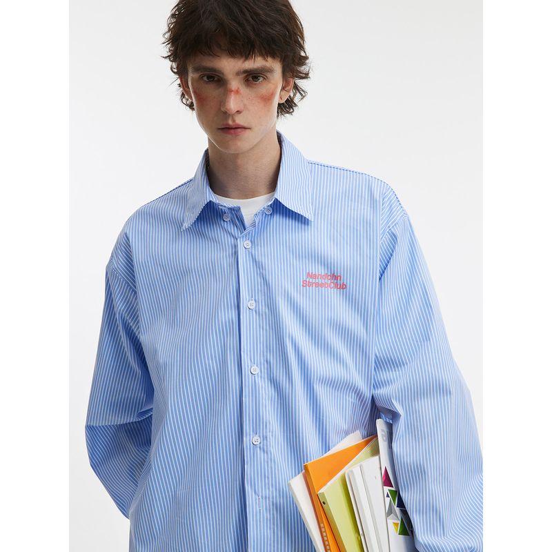 Men's American Retro Letter Print Striped Long-Sleeved Shirt for Men and Women, Blue Couple's Lazy Casual Sun Protection Shirt