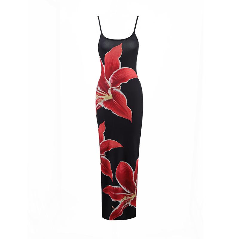 Women's Summer Sexy Spaghetti Strap Floral Print Maxi Dress, Slim Fit Bodycon Backless Evening Party Beach Vacation Long Dress