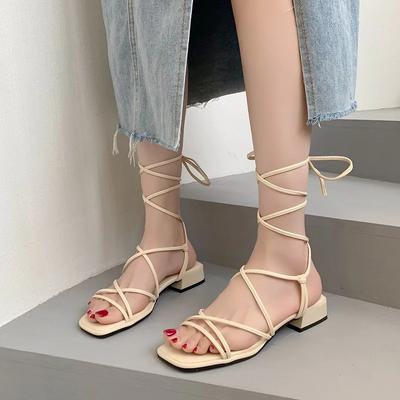 2024 Brand Women's Shoes Cross Lacing Fashion Fashion Dress Sandals Women Summer Peep Toe Square Toe Solid Heeled Sandalszapatos