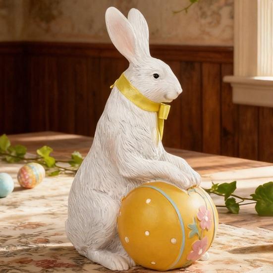 Mini Easter Holding Egg Bunny Statue Flower Colorful Ceramic Rabbit Figurine Spring Easter Home Office Holiday