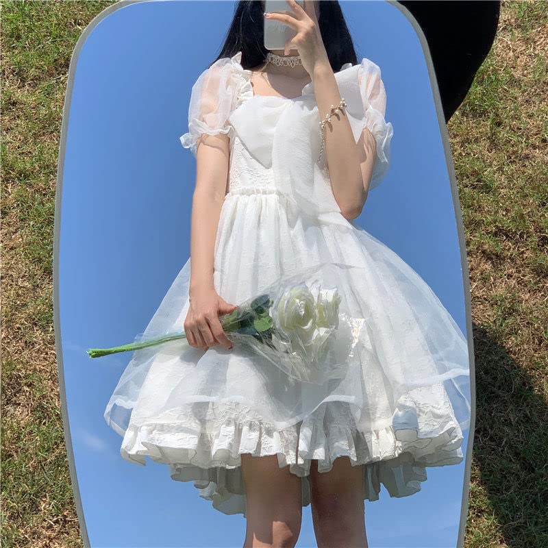 Lady Lazy Lolita Gothic Lolita Short Sleeve Chiffon Dress with Above the Cosplay Ribbon, Knee, (Size L, White)