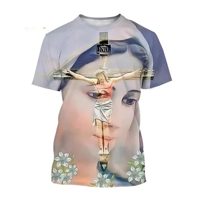 Christian Mother Of God Virgin Mary Jesus Loves Casual Tee Tops Short Sleeve Women's Men Adult and Children's Clothing Tshirt