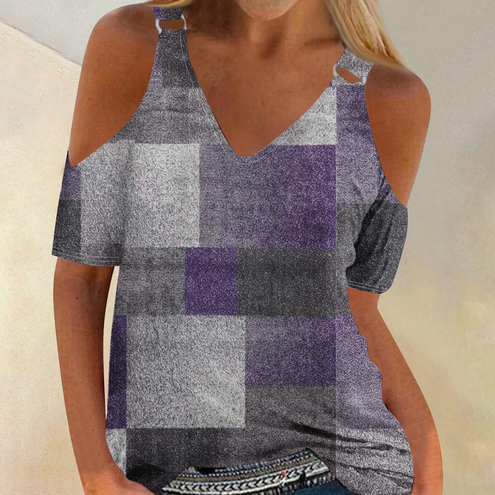 

Женская летняя свободная футболка с полым V-образным вырезом и коротким рукавом с принтом L