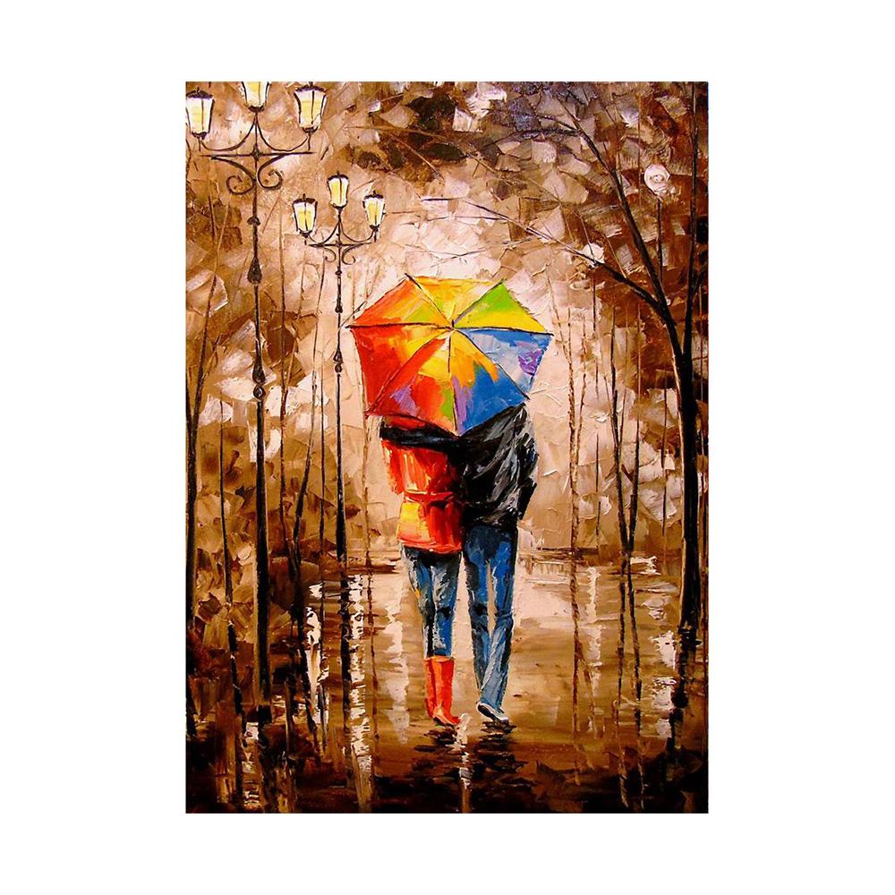 Nordycki Jesienny Deszczowy Pejzaż Plakat Płótno Obraz Olejny Zakochani Spacerujący Obraz Ścienny do Nowoczesnego Salonu Dekoracja Domu