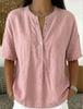 Pink V-Neck Short Sleeve Loose Fit Blouse with Buttons