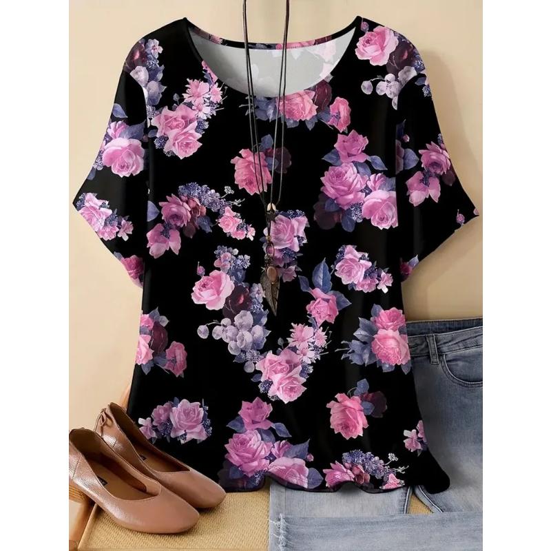 Flower Short Sleeve Fashion Women's Crew Neck Short Sleeve 3D Color Printing Crew Neck T-Shirt