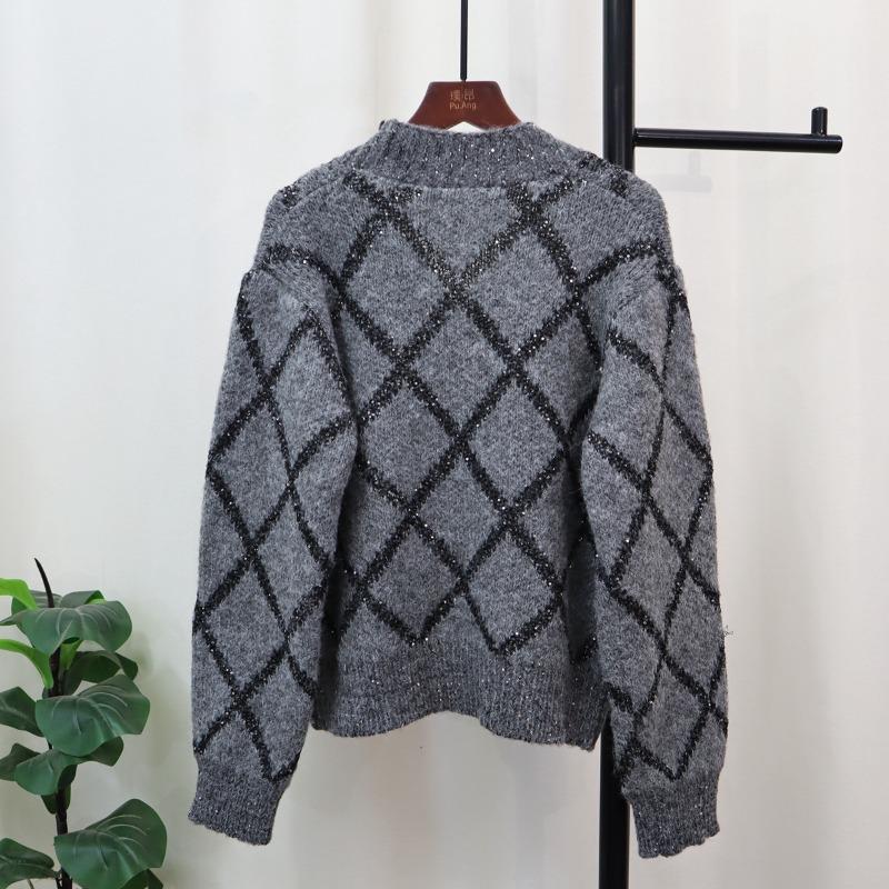 Rhombus sequined knitted cardigan women's autumn and winter new loose and versatile soft waxy design sweater jacket