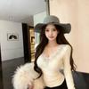 Premium V-neck Lace Base Layer Women's Long Sleeve Shirt with Built-in Bra Pads; Thick, Warm, Perfect for Autumn/Winter Layering.