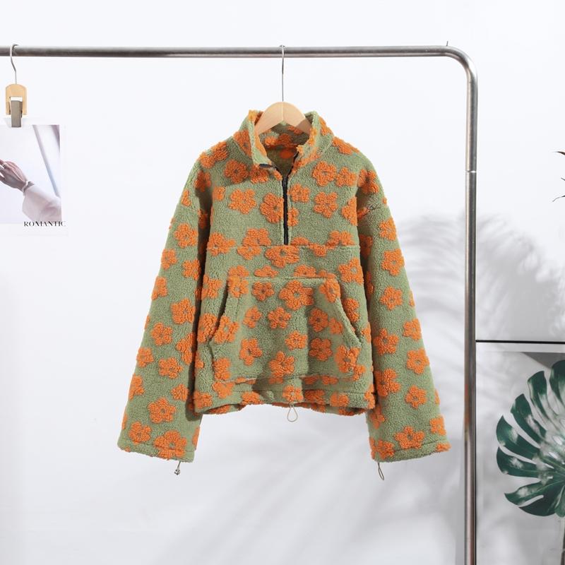 Hanorac Fleece de Damă cu Imprimeu Floral, Cald, Lână de Miel, Guler Înalt, Hanorac cu Fermoar, Larg, Moale, Pulover, Toamnă/Iarnă 2025