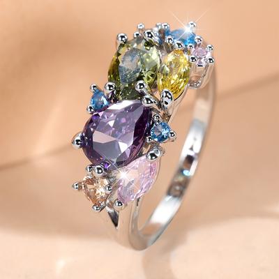 Fashion Colorful CZ Zircon Rings for Women Silver Color Finger Ring Cocktail Party Festival Jewelry Gift
