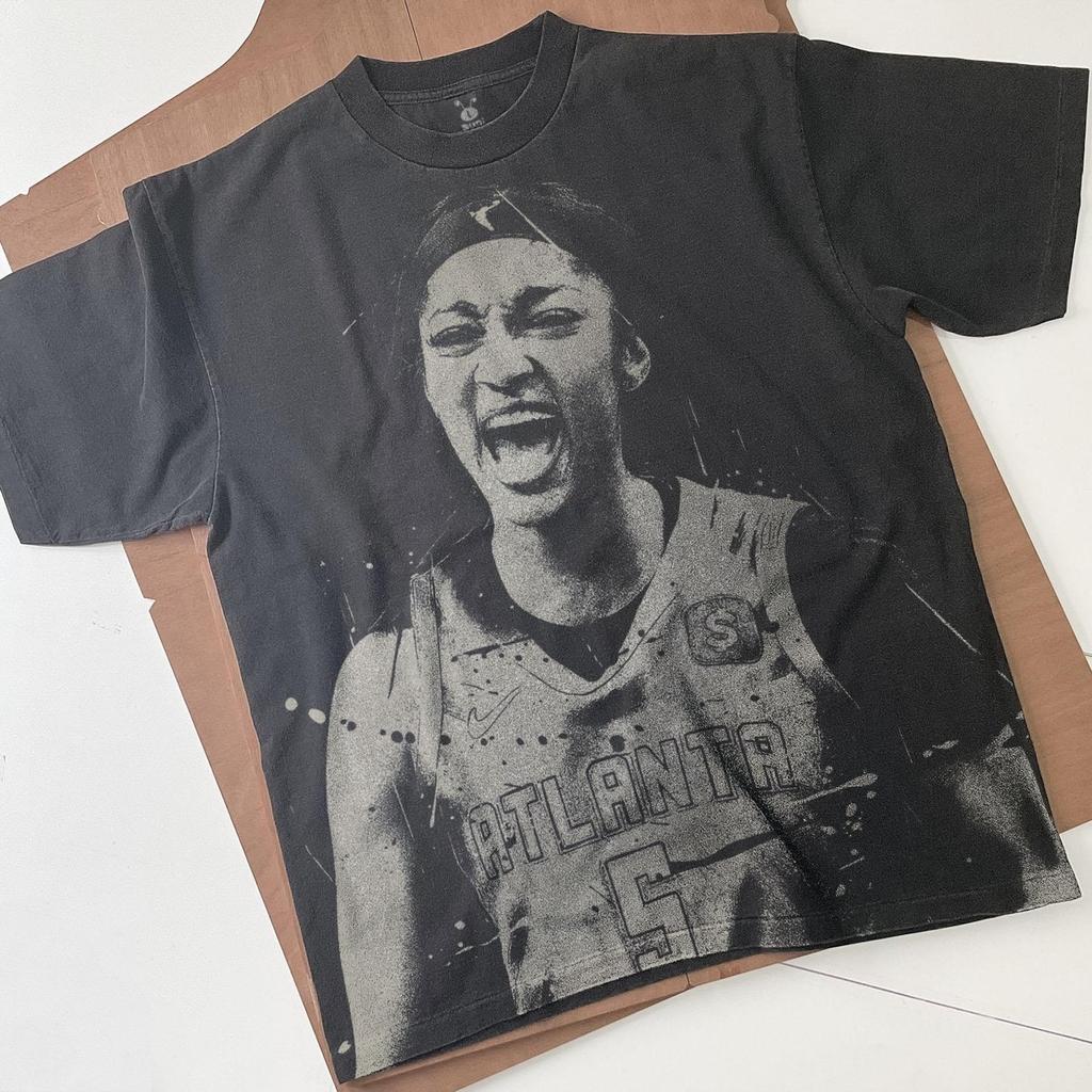 Angel Reese Handmade Bleached T-Shirt: Faded Black Cotton Spray art Unisex Tee