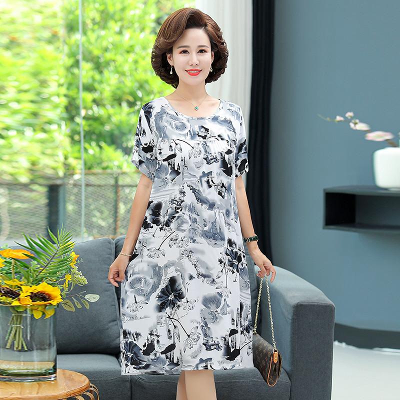 Mom summer dress medium and long pure cotton silk nightdress year-old new Chinese women's knee skirt