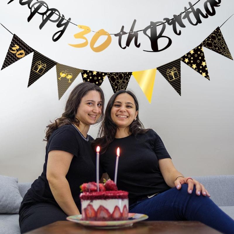 Birthday Balloons Set Black Gold Latex and Confettied Balloons Flags Banners for Men Party Decorations