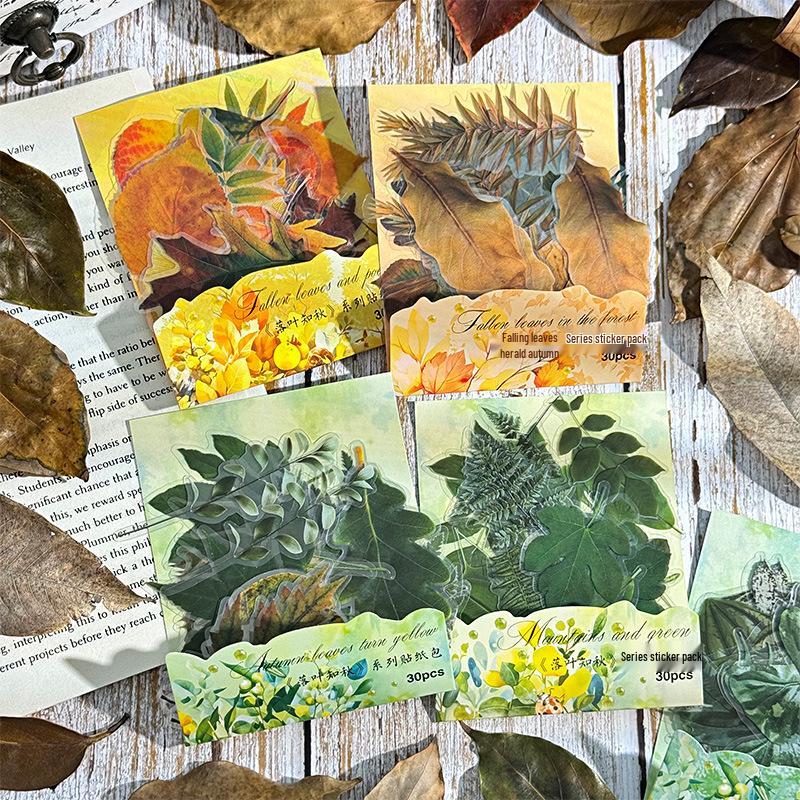 ZABC Autumn Leaves Retro Collage Stickers: DIY Journaling Material - 6 Styles