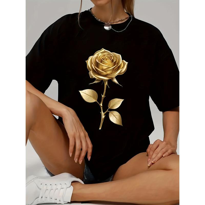 European Size European Size Ladies' T - Shirt With Golden Rose Pattern, Made Of Pure, Comfortable And Beautiful