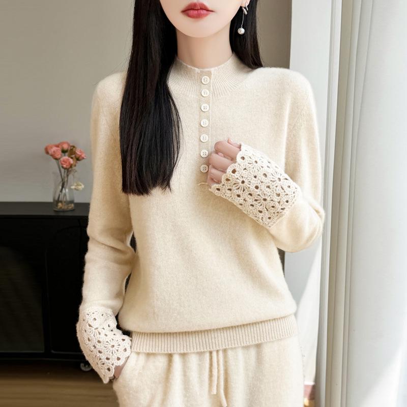 2025 Korean Style Women's Heavy Knit Wool Sweater: Versatile Hollow-Out, Half-High Neck, Slimming Base Layer