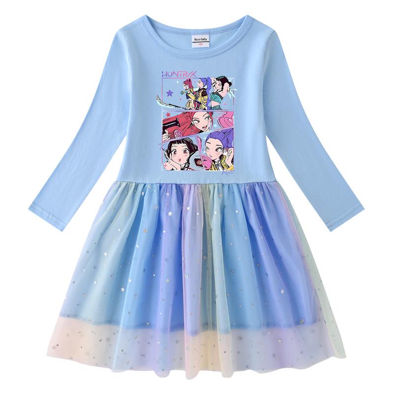 Korean-Style Kpop Demon Slayer Girls' Princess Dress – Short Sleeve Mesh for Summer, Long Sleeve for Spring/Autumn