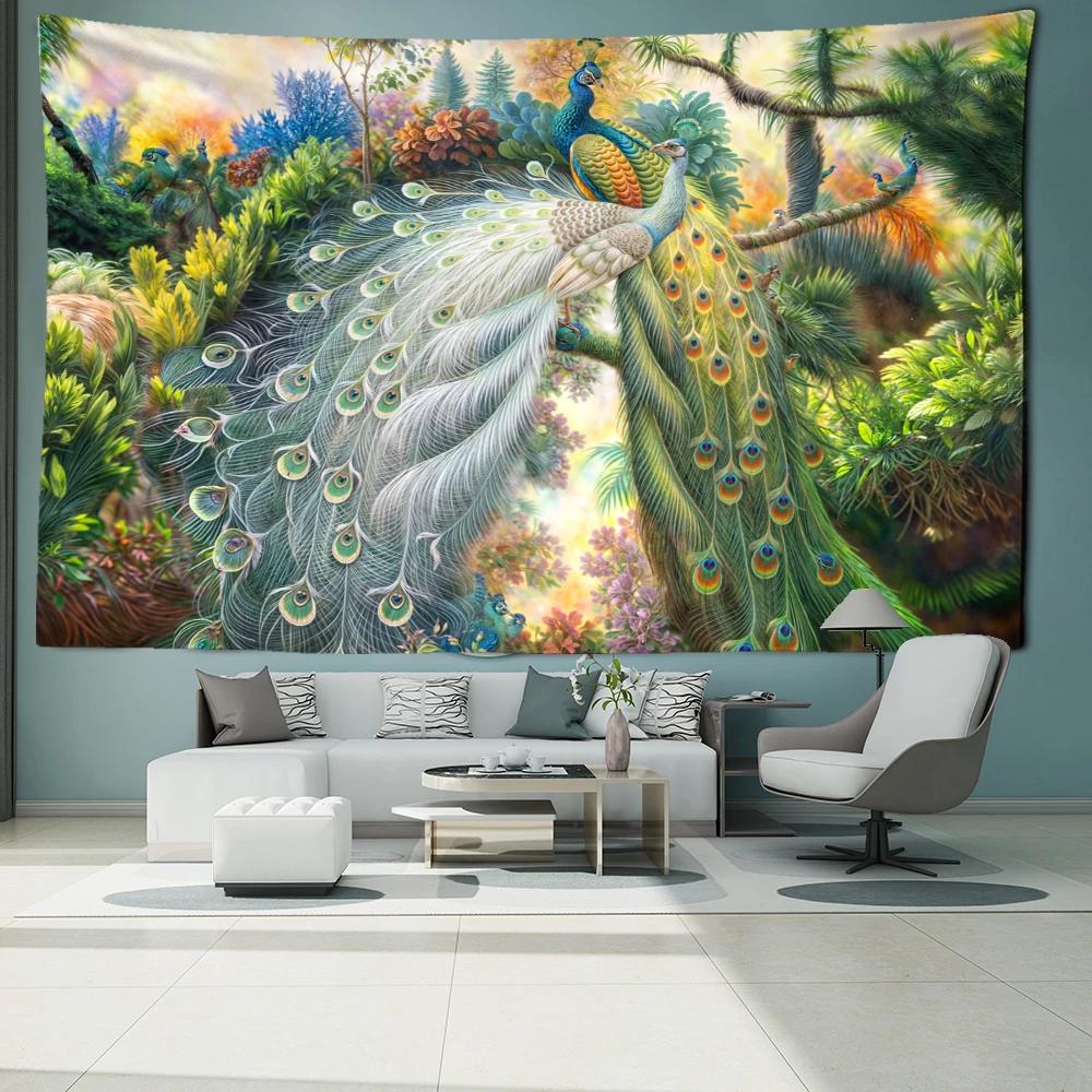 White Peacock and Blue Peacock Tapestry Wall Hanging Natural Art Forest Landscape Art Bohemian Hippie Dormitory Home Decor