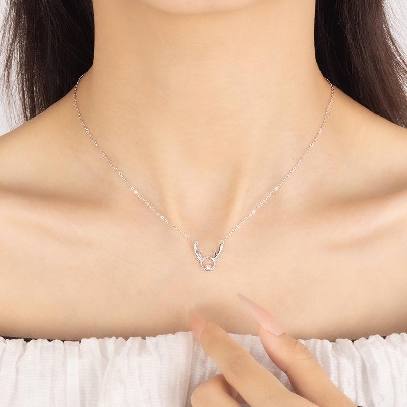 S925 Sterling Silver Antler Diamond Necklace - Women's Christmas Gift, Fashion "Always with You" Clavicle Chain for Girls.