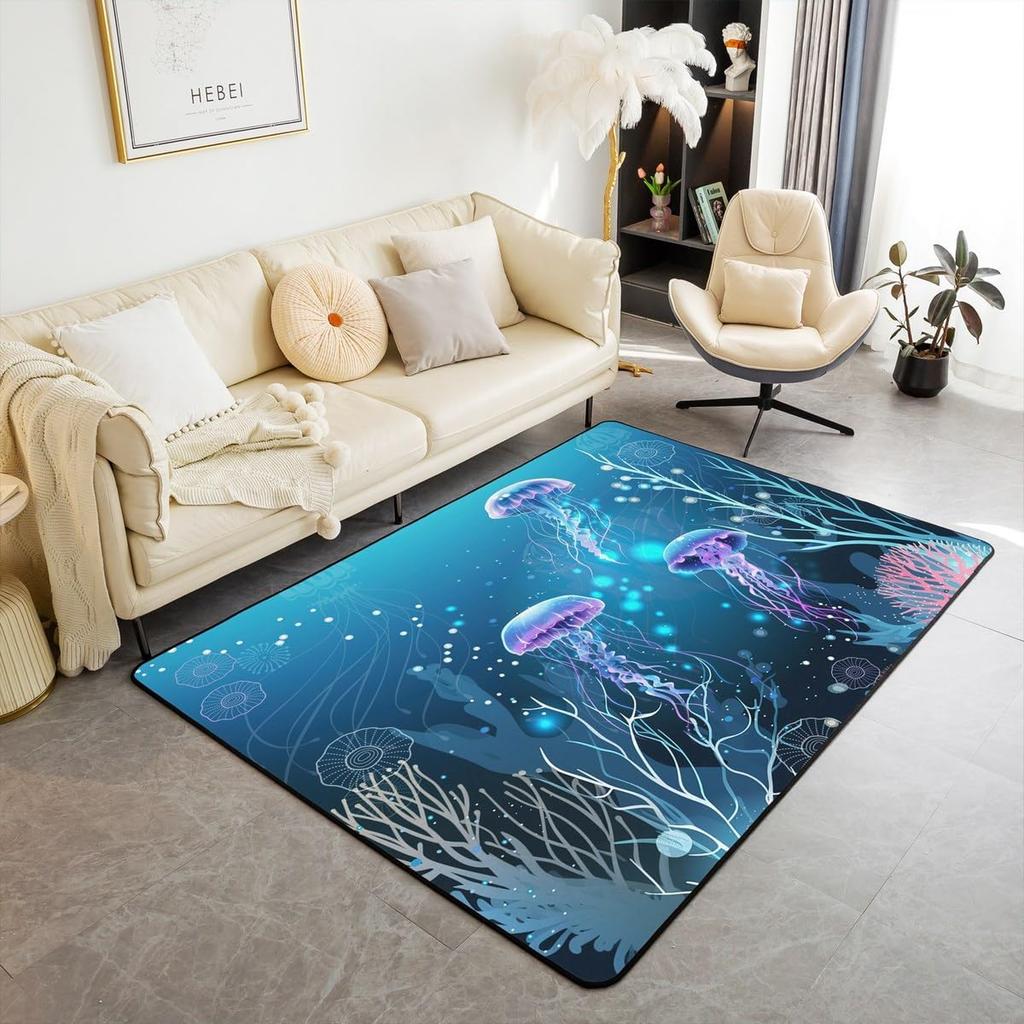 Jellyfish Marine Life Area Rug Dreamy Ocean Animal Non Slip Carpet for Kids Adults Fantasy Moon Clouds Starry Sky Decorative Rug