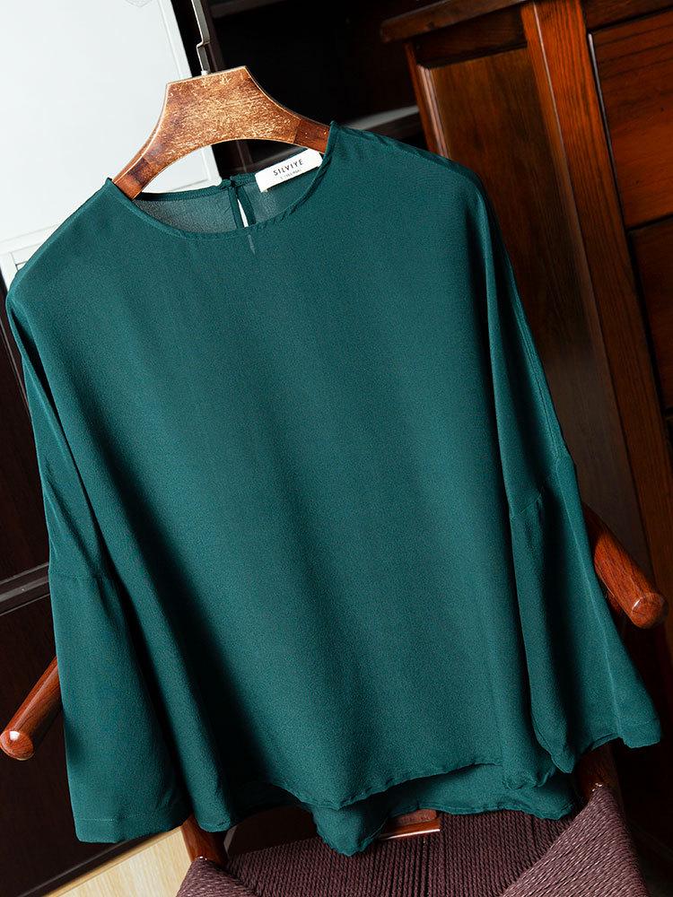 

Женский ретро приталенный топ из шелкового крепа де шин - Рубашка из тутового шелка с рукавами «летучая мышь» 3/4 и круглым вырезом L бирюзовый зеленый