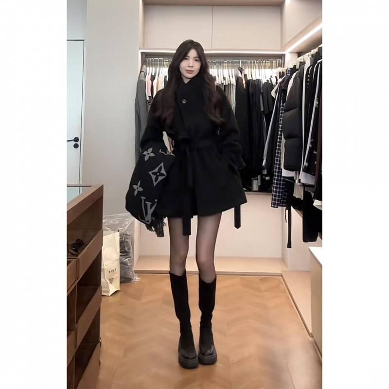 Women's Black Woolen Coat - Autumn/Winter 2025 High-End Casual Slimming Korean Style