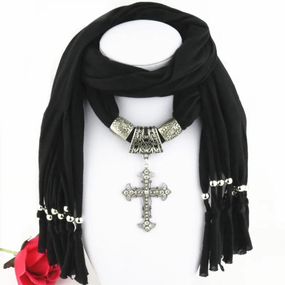 

Женский шарф с бахромой, полиэстер, с крестиком, модный аксессуар, шарф чёрный