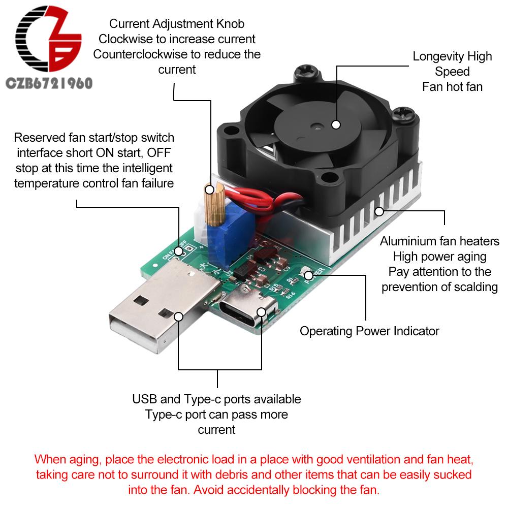 USB Load Tester Electronic Load Test Resistor Module 22.5W USB & Type C Interface Adjustable Constant Current with Cooling Fan