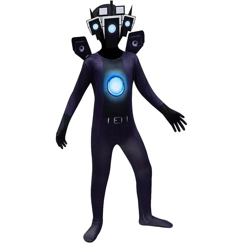 Skibidi Toiletkostuum Spel Cosplay Speaker Man TV Man Romper Jumpsuit Masker Cosplay Halloween-kostuums voor mannen Kinderen 110 black