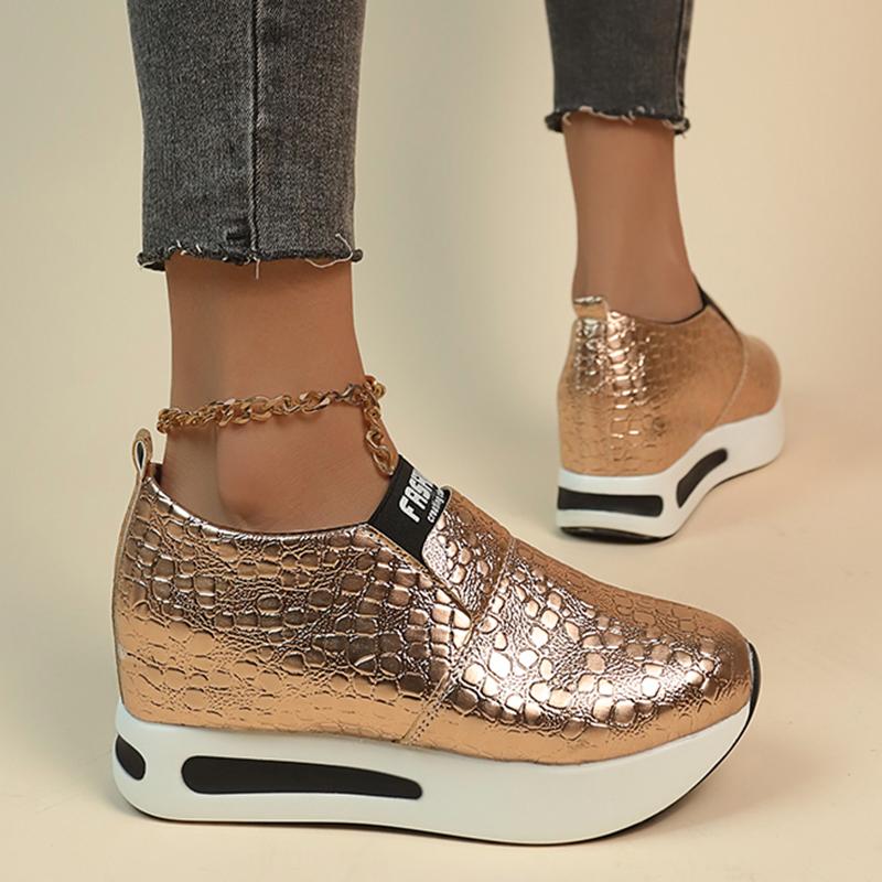 Модные серебряные кроссовки из искусственной кожи на платформе для женщин — фото 7