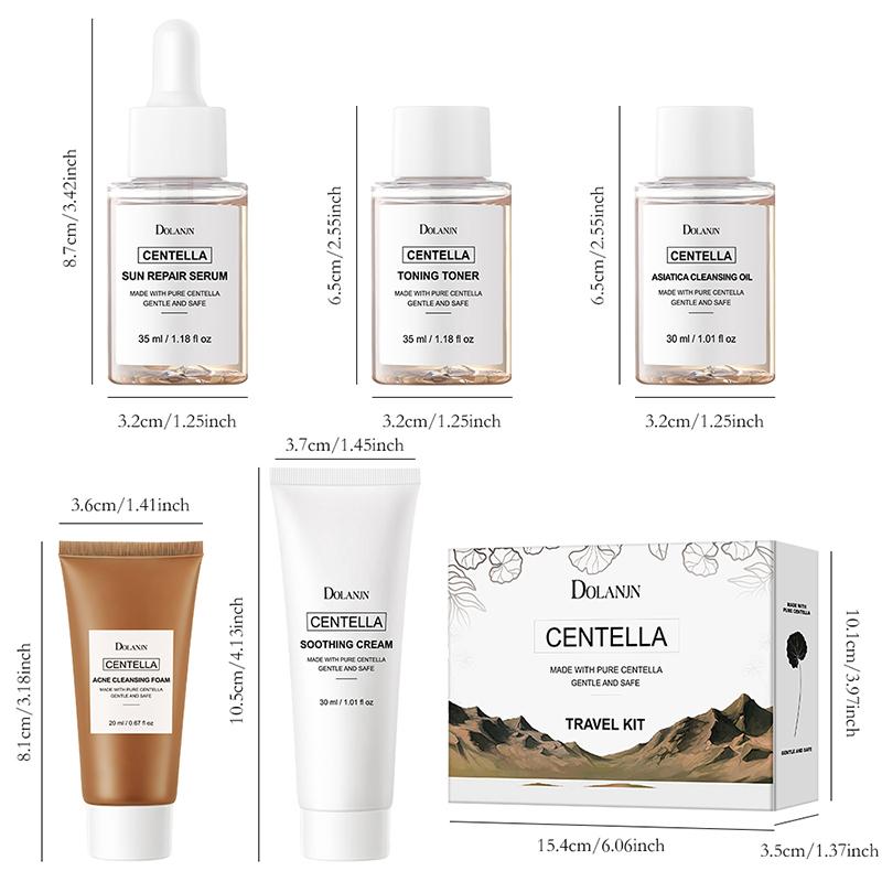 DOLANJN 5-teiliges Hautpflege-Set Centellasun: Sonnenschutz-Reparaturserum, Tonisierendes Gesichtswasser, Asiatica Reinigungsöl, Akne-Reinigungsschaum & Beruhigende Creme