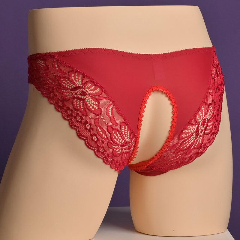 Women Sexy Briefs Lace Open Crotch Underwear Low Waist Breathable Panties Ice Silk Elastic Underpants See-Through Sissy Lingerie